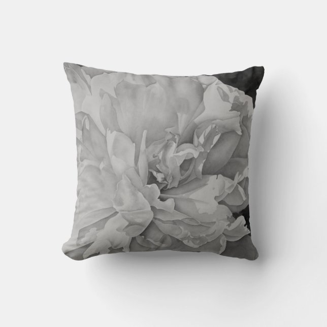 Elegant black white peony floral watercolor  throw pillow (Front)
