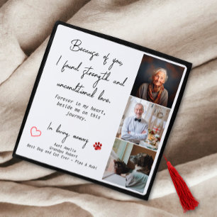 Elegant Black White Personalized 3 Photo Memorial Graduation Cap Topper