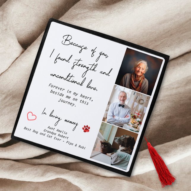 Elegant Black White Personalized 3 Photo Memorial Graduation Cap Topper (Creator Uploaded)