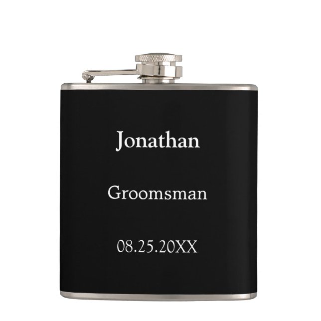 Elegant Black White Personalized Groomsman Flask (Front)