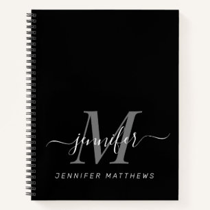 Elegant Black White Personalized Monogram Name Notebook