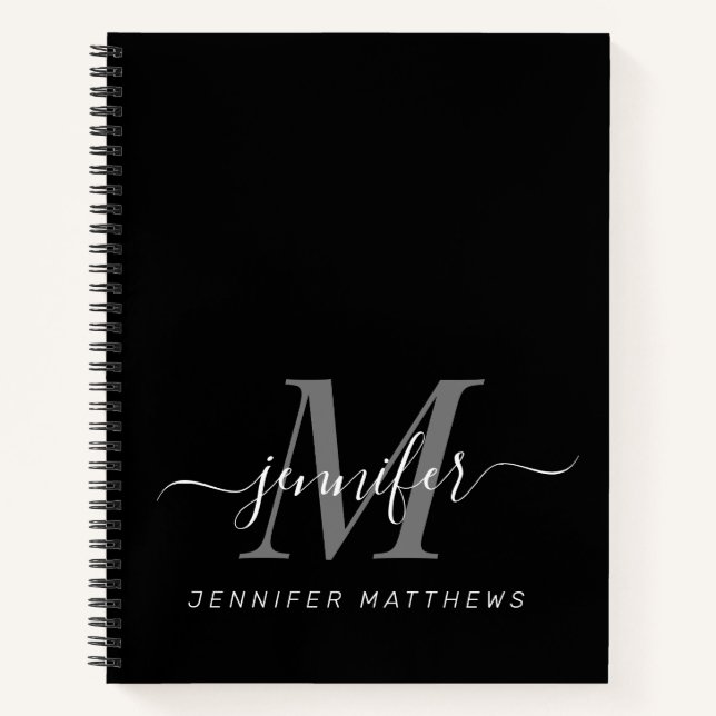 Elegant Black White Personalized Monogram Name Notebook (Front)
