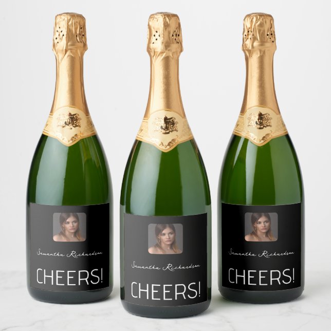 Elegant Black White Personalized Photo Name Script Sparkling Wine Label (Bottles)