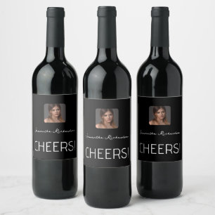 Elegant Black White Personalized Photo Name Script Wine Label