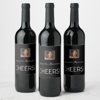 Elegant Black White Personalized Photo Name Script Wine Label