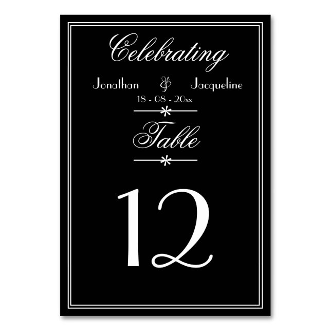 Elegant Black & White Personalized Wedding Table Number (Front)