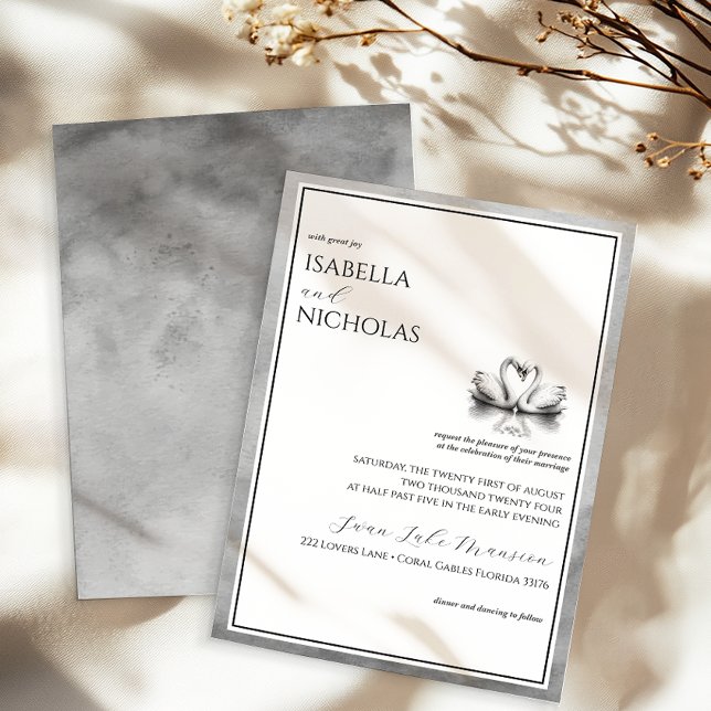 Elegant Black & White Photo Anniversary Invite (black and white swan lake invitation)