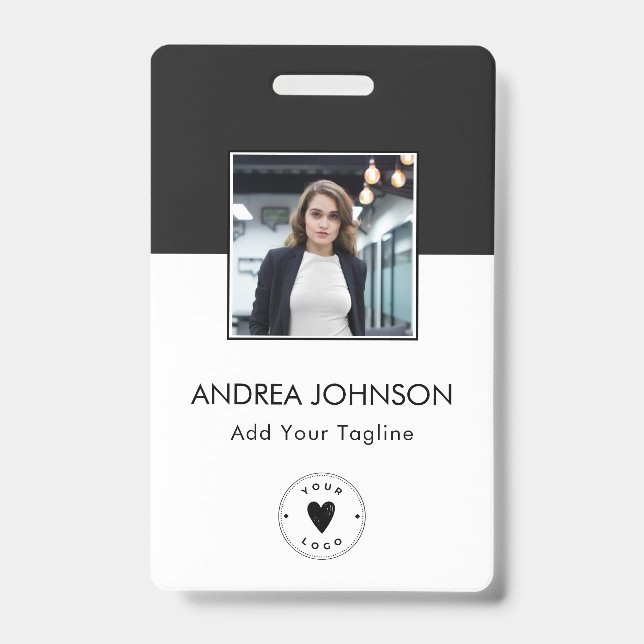 Elegant Black & White Photo Logo Bar Code & Name Badge (Front)