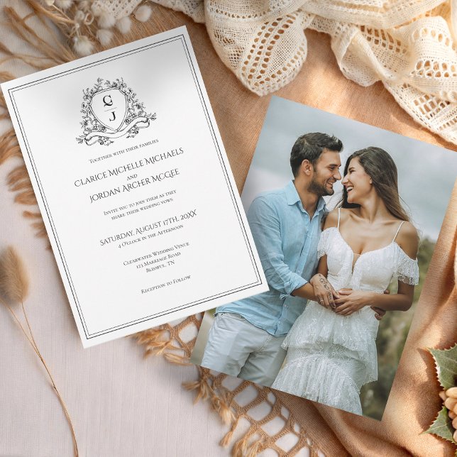 Elegant Black White Photo Monogram Crest Wedding I Invitation (Creator Uploaded)