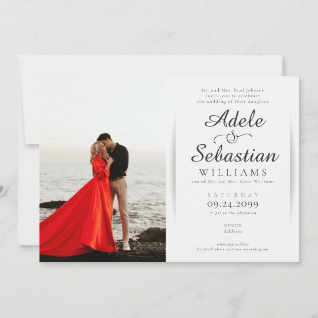 Elegant Black White Photo Monogram Formal Wedding Invitation (Front)
