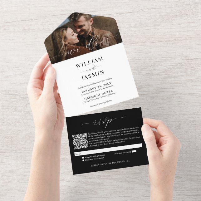 Elegant Black & White Photo Script QR code Wedding All In One Invitation (Tearaway)