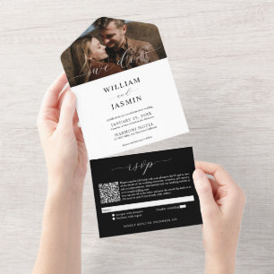 Elegant Black & White Photo Script QR code Wedding All In One Invitation