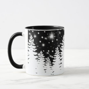 Elegant black white pine forest night sky stars mug