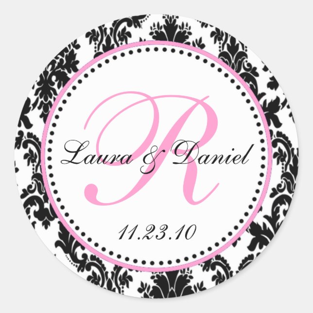Elegant Black White Pink Damask  Classic Round Sticker (Front)