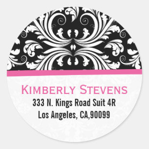 Elegant Black White & Pink Floral Damasks Classic Round Sticker