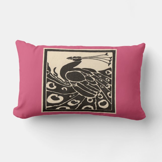 ELEGANT BLACK WHITE PINK PEACOCK LUMBAR PILLOW (Front)