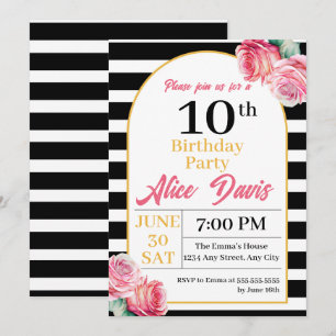 Elegant Black White Pink Rose Birthday Party  Invitation