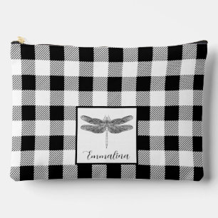 Elegant black white plaid gingham dragonfly accessory pouch