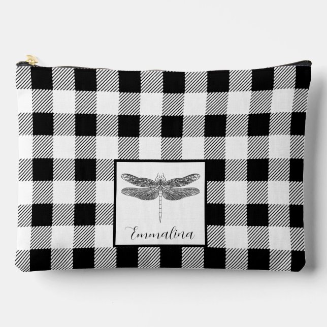 Elegant black white plaid gingham dragonfly  accessory pouch (Front)