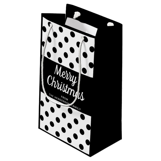 Elegant Black White Polka Dots Merry Christmas Small Gift Bag (Back Angled)