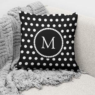 Elegant Black White Polka Dots Monogram Throw Pillow