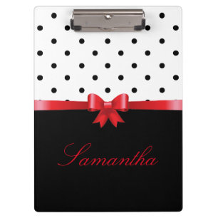 Elegant Black white polka dots red bow Personalize Clipboard