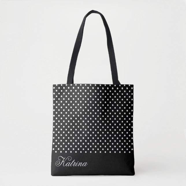 Elegant Black White Polka Pattern Personalized Tote Bag (Front)