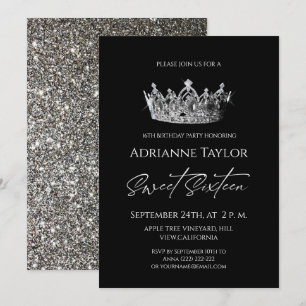Elegant Black White Princess Sweet 16  Invitation