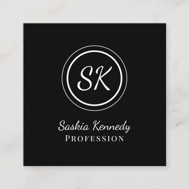 Elegant Black White Professional Monogram Square Business Card (Front)