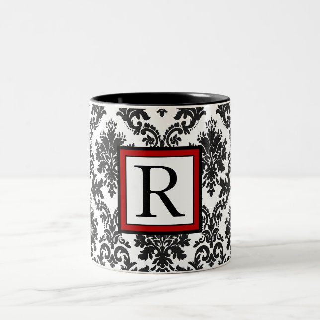 Elegant Black White Red Damask Monogram Two-Tone Coffee Mug (Center)