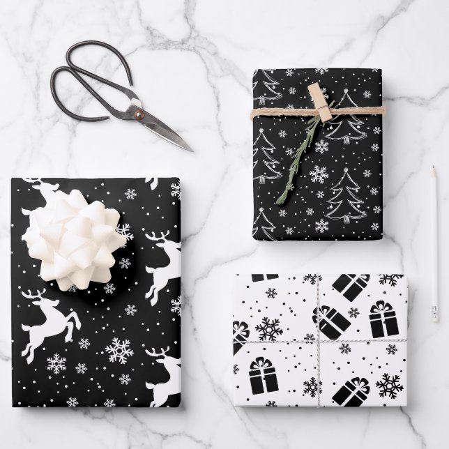 Elegant Black White Reindeer & Christmas Tree Wrapping Paper Sheet (Front)