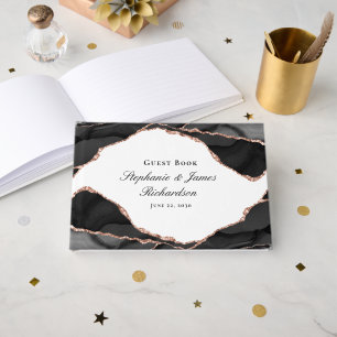 Elegant Black White Rose Gold Foil Agate Wedding Guest Book