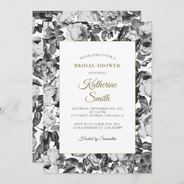 Elegant Black White Roses Bridal Shower Invitation (Front/Back)