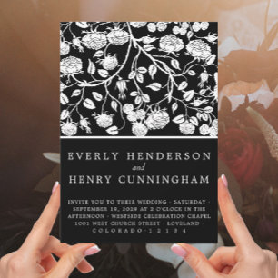 Elegant Black & White Roses Floral Wedding Invitation