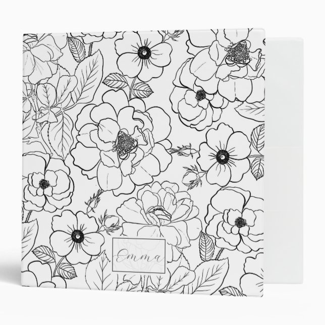 Elegant Black White Roses Line art Floral Binder (Front/Inside)