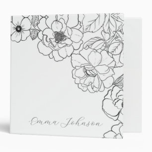 Elegant Black White Roses Line art Floral Binder