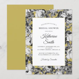 Elegant Black White Roses on Gold Bridal Shower Invitation