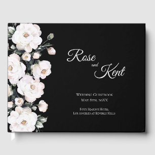 Elegant Black White Roses Wedding Guest Book