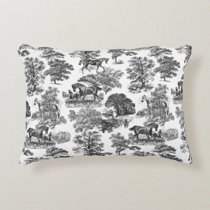 Elegant Black White Rustic Horses Toile Accent Pillow