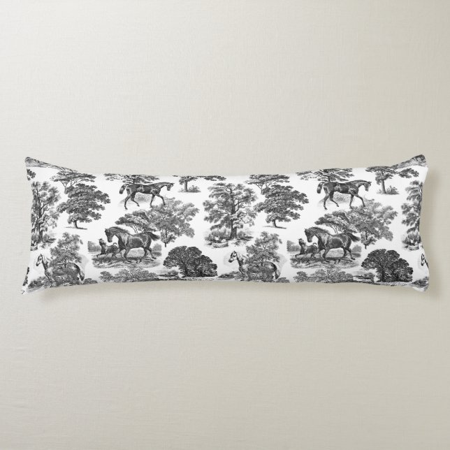 Elegant Black White Rustic Horses Toile  Body Pillow (Front)