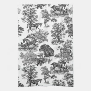 Elegant Black White Rustic Horses Toile   Kitchen Towel