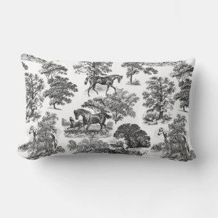 Elegant Black White Rustic Horses Toile Lumbar Pillow