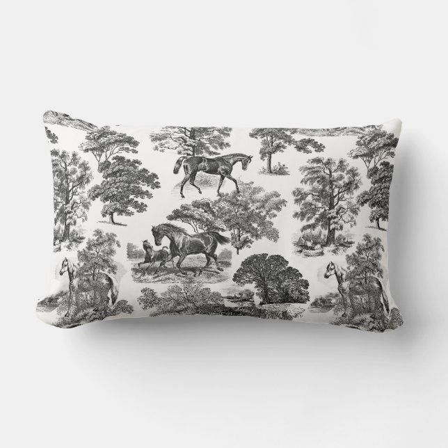 Elegant Black White Rustic Horses Toile Lumbar Pillow (Front)