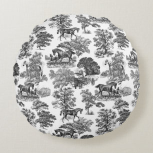 Elegant Black White Rustic Horses Toile Round Pillow