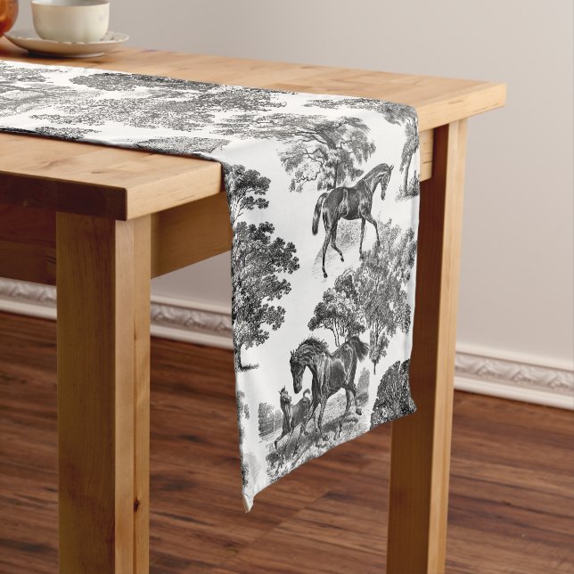 Elegant Black White Rustic Horses Toile Short Table Runner (In Situ)