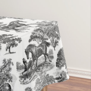 Elegant Black White Rustic Horses Toile Tablecloth