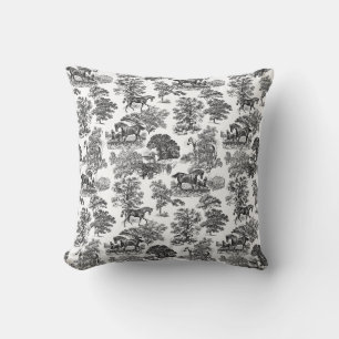 Elegant Black White Rustic Horses Toile Throw Pillow