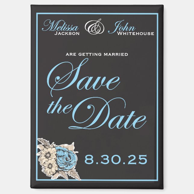 Elegant Black & White Save the Date blue accents Magnet (Front)