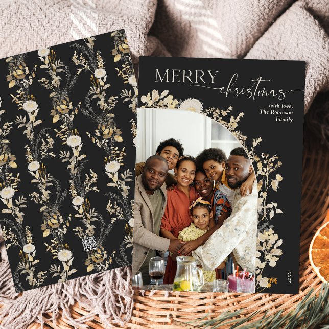 Elegant Black White Script 1 Photo Arch Christmas  Holiday Card (Creator Uploaded)