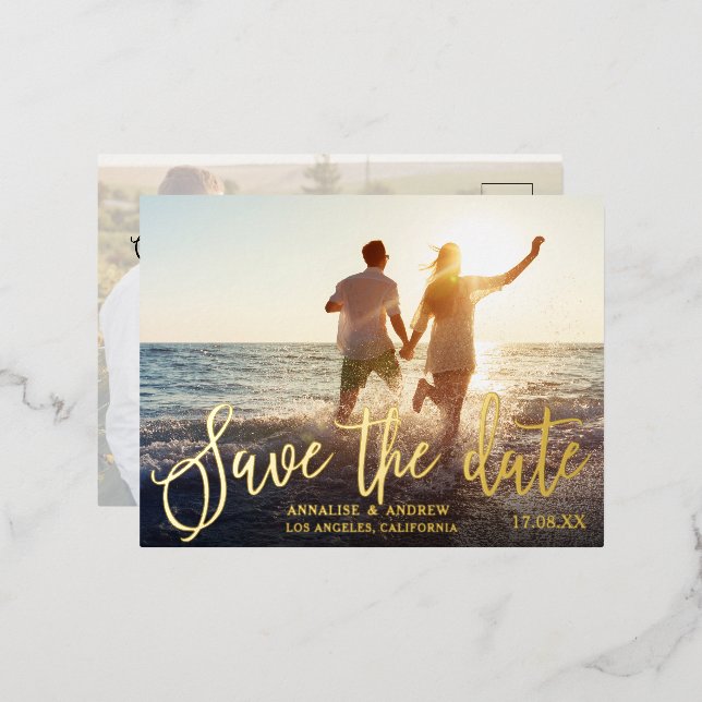 Elegant black white script 2 photos save the date foil invitation postcard (Front/Back)